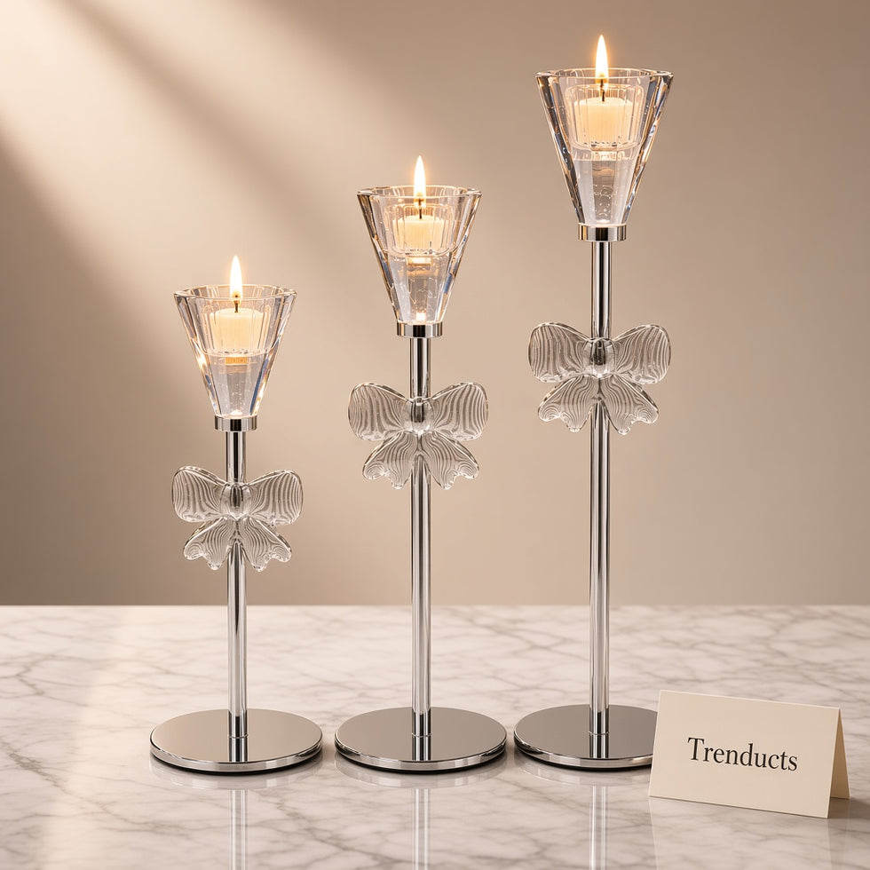 Metal Candle Stand Set of 3 with Glass Bows - Silver
