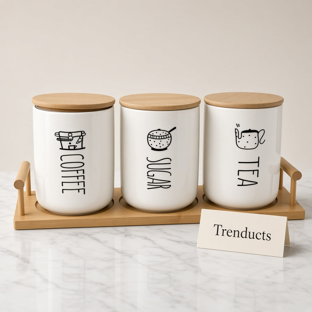 Ceramic Tea Coffee Sugar Canisters with Bamboo Tray