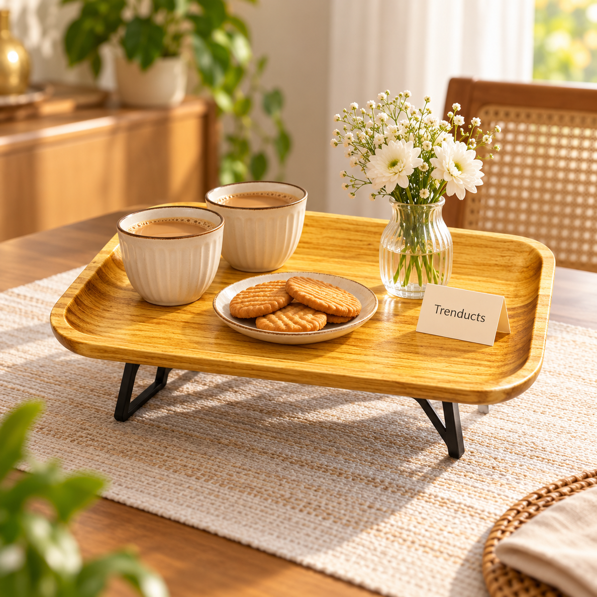 Wooden Serving Tray - Natural Wood with Black Metal Stand
