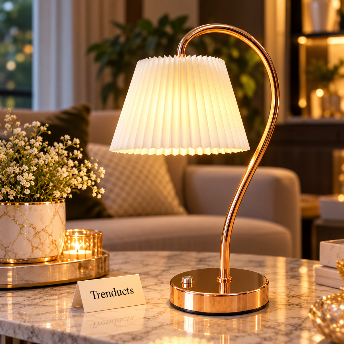 Gold Gooseneck LED Table Lamp with Pleated Shade