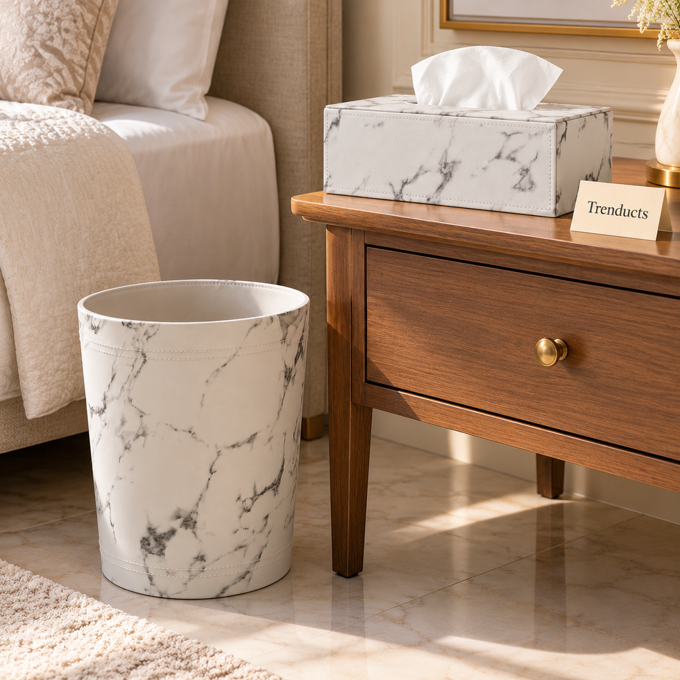 Luxury Marble Print Tissue Box & Dustbin - White and Grey