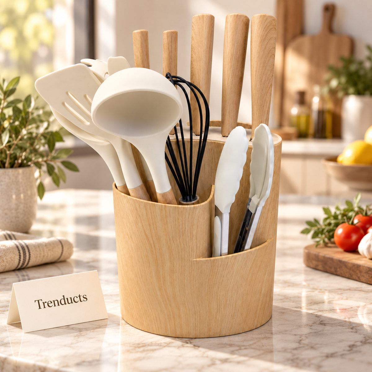 Kitchen Utensil and Knife Set with Holder - Cream and Wood-Grain