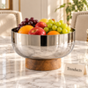 Premium Silver Bowl with Wooden Base - Polished Steel