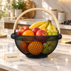 Metal Fruit Basket - Black Mesh with Wooden Handle