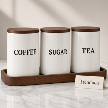Ceramic tea coffee sugar canisters with dark wood lids and tray on white marble - Trenducts
