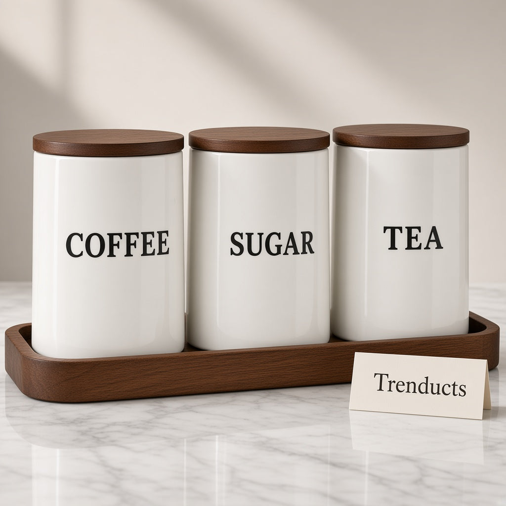 Ceramic Tea Coffee Sugar Canisters - Dark Wood Lids