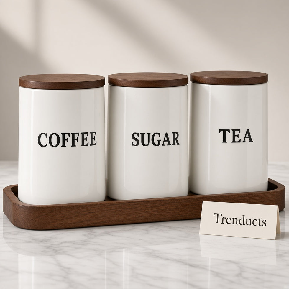 Ceramic Tea Coffee Sugar Canisters - Dark Wood Lids