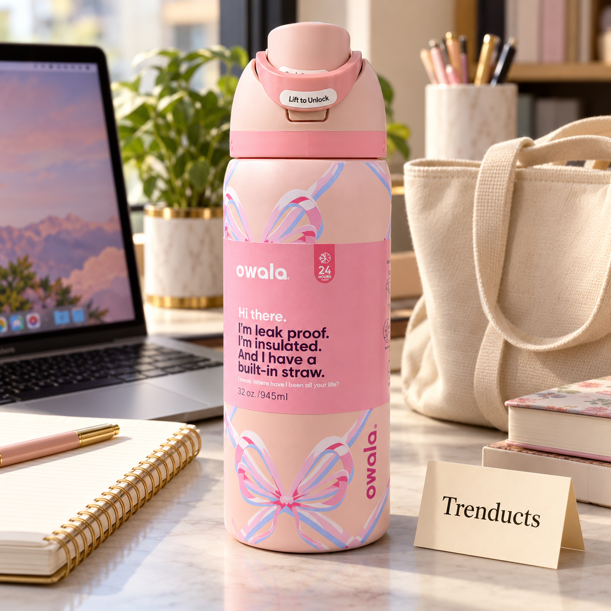 Owala Water Bottle 32 oz - Pink Pastel Bow Print