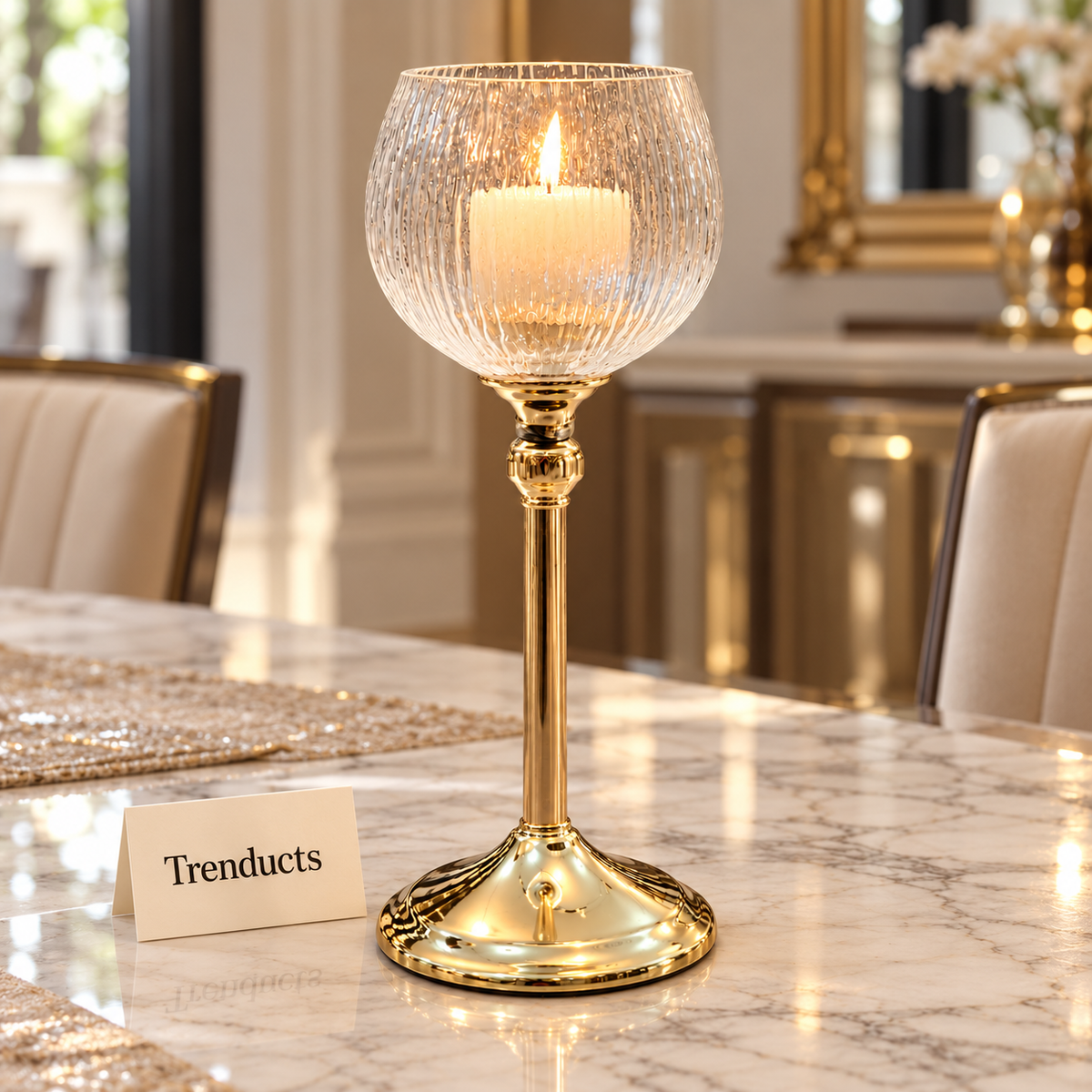 Gold Pedestal Candle Holder - Ribbed Glass Globe