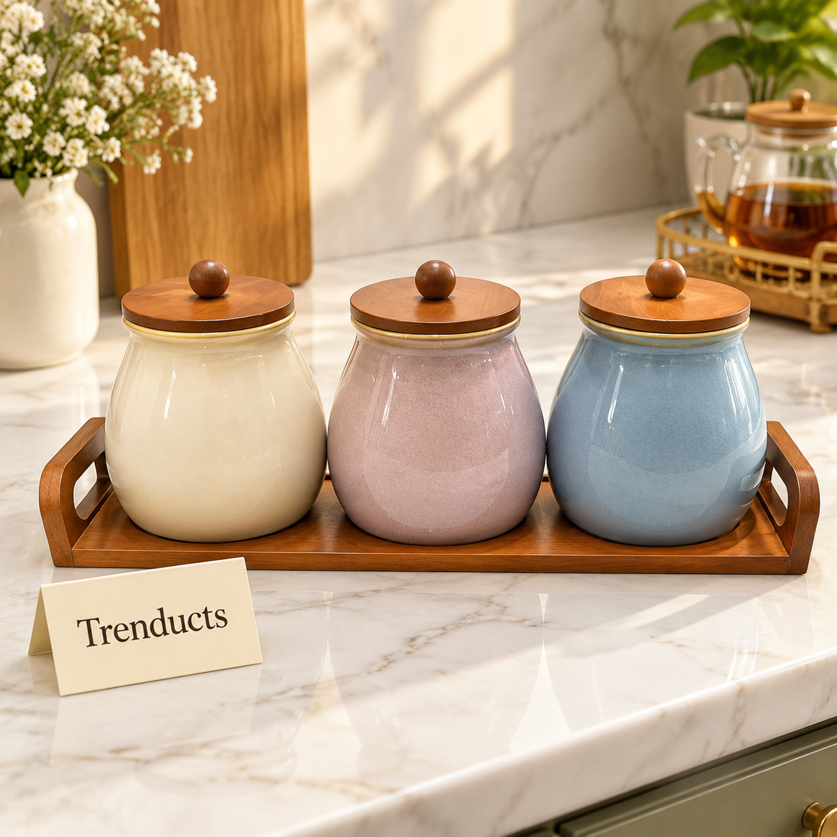 Luxury Ceramic Storage Jar Set with Wooden Tray - Pastel
