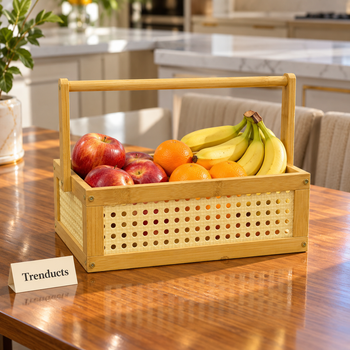Wooden basket holding fresh fruit on a kitchen table | Trenducts