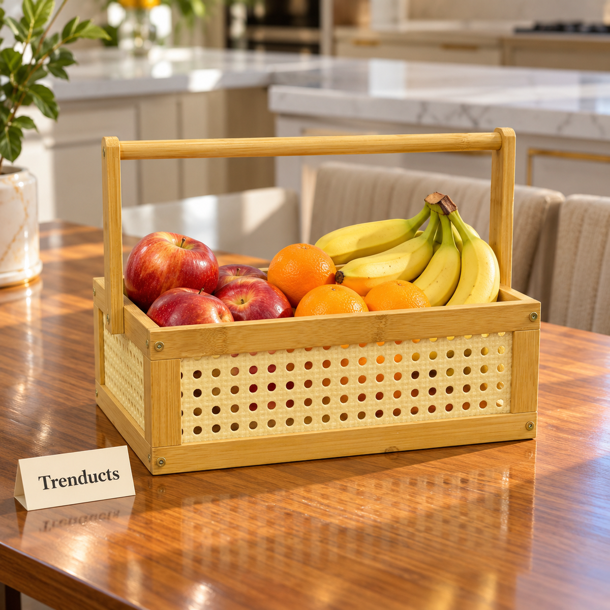 Bamboo Wooden Basket - Rattan Look with Carry Handle