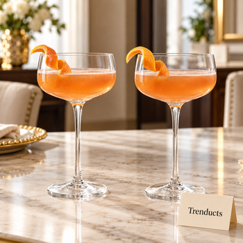 Coupe glass set with orange mocktails on a dining table | Trenducts