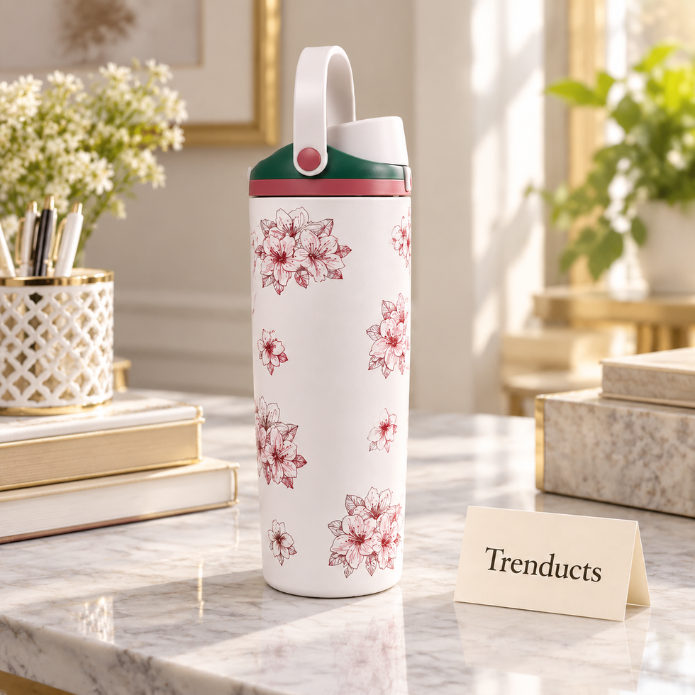 Premium Floral Water Bottle - White Cherry Blossom with Handle