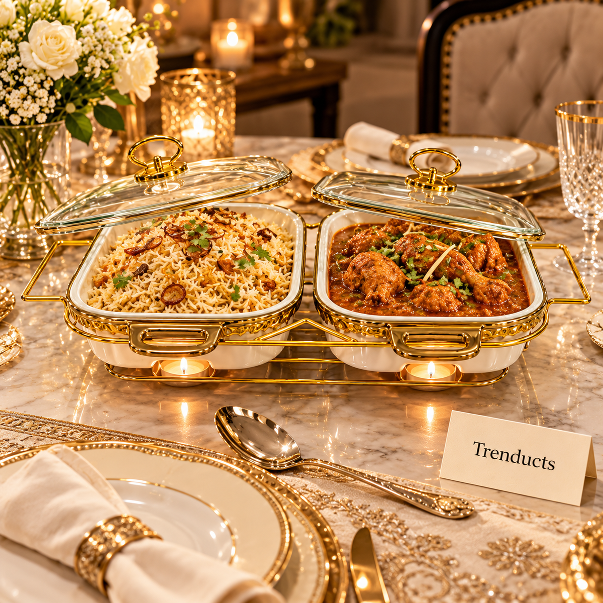 Brilliant Twin Rectangular Casserole Set with Gold Stand