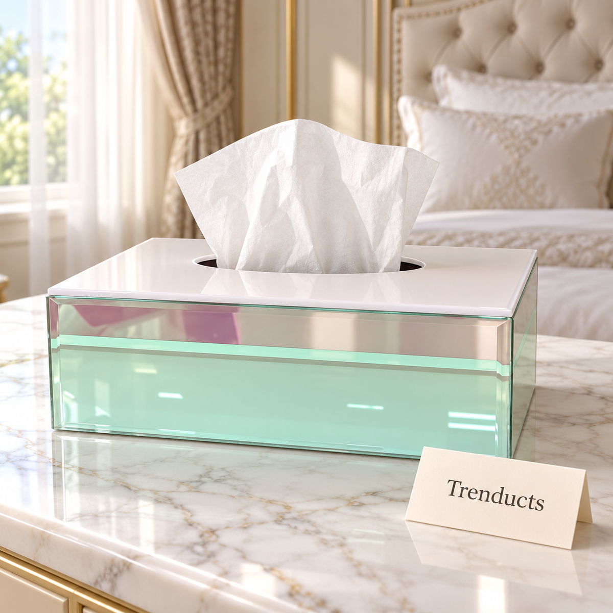 Premium Mint Green Tissue Box Cover - Pink Top Mirror Glass