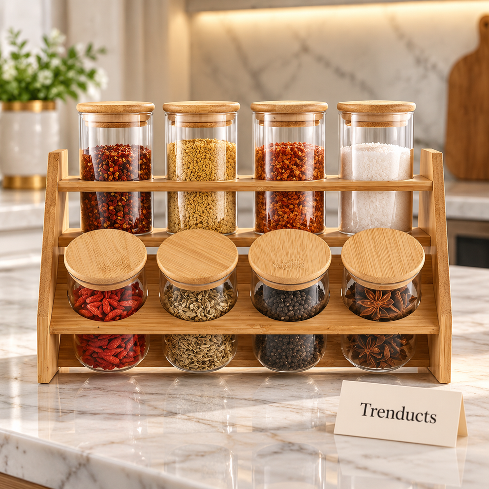 Luxury Spice Jar Rack - 2 Tier Bamboo with 8 Round Lid Jars
