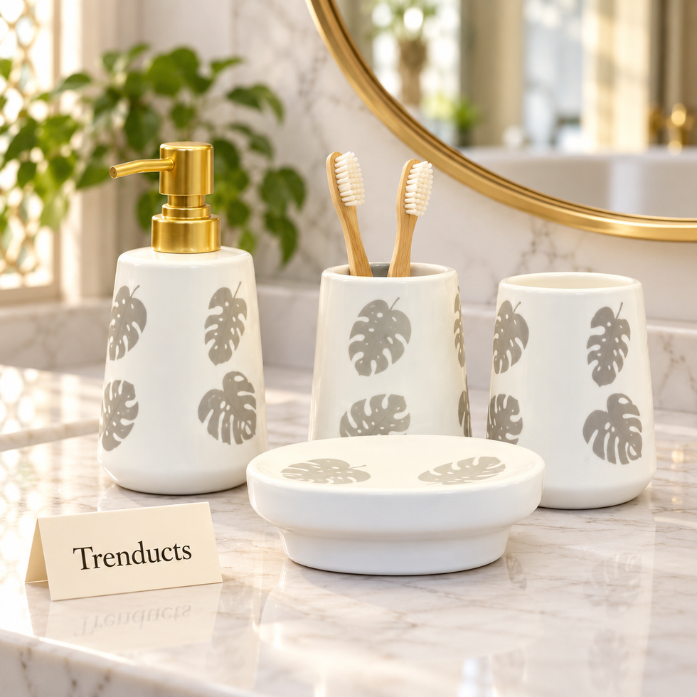 Brilliant 4 Piece Bathroom Set - White Monstera Leaf
