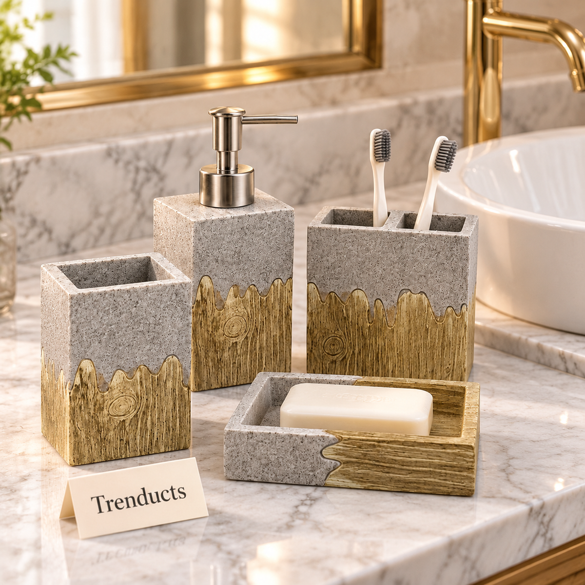 Luxury Bathroom Set - 4-Piece Gray Wood-Look Drip Design