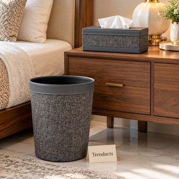 Heather Grey texture tissue box dustbin in a bright bedroom - Trenducts