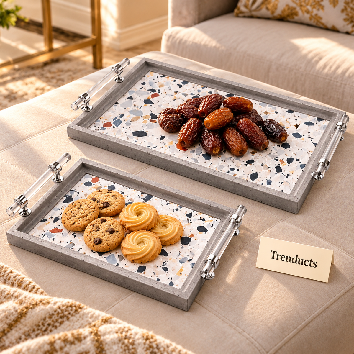 Elegant Serving Tray Set of 2 - Grey Terrazzo Marble
