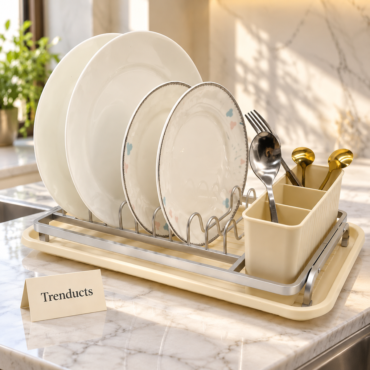 Countertop Plate Rack - Silver with Cutlery Holder