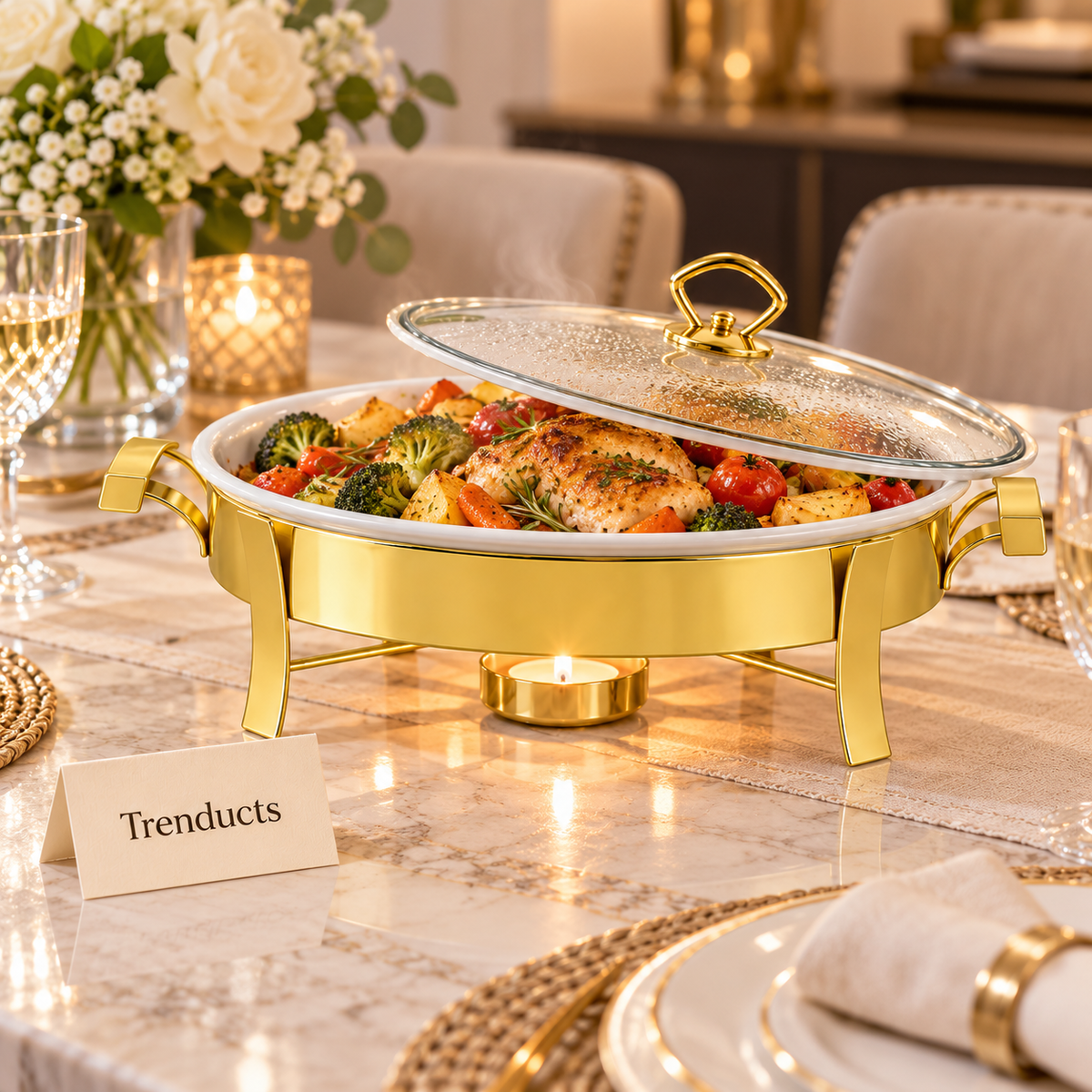 Brilliant Oval Food Warmer Dish with Gold Stand and Glass Lid