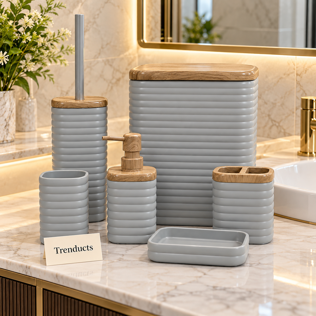 Ribbed Acrylic Bathroom Set - Wood Accents