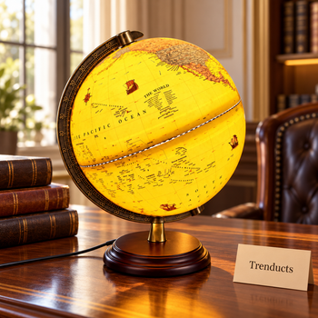 Illuminated World Globe glowing on a study desk in a home library | Trenducts