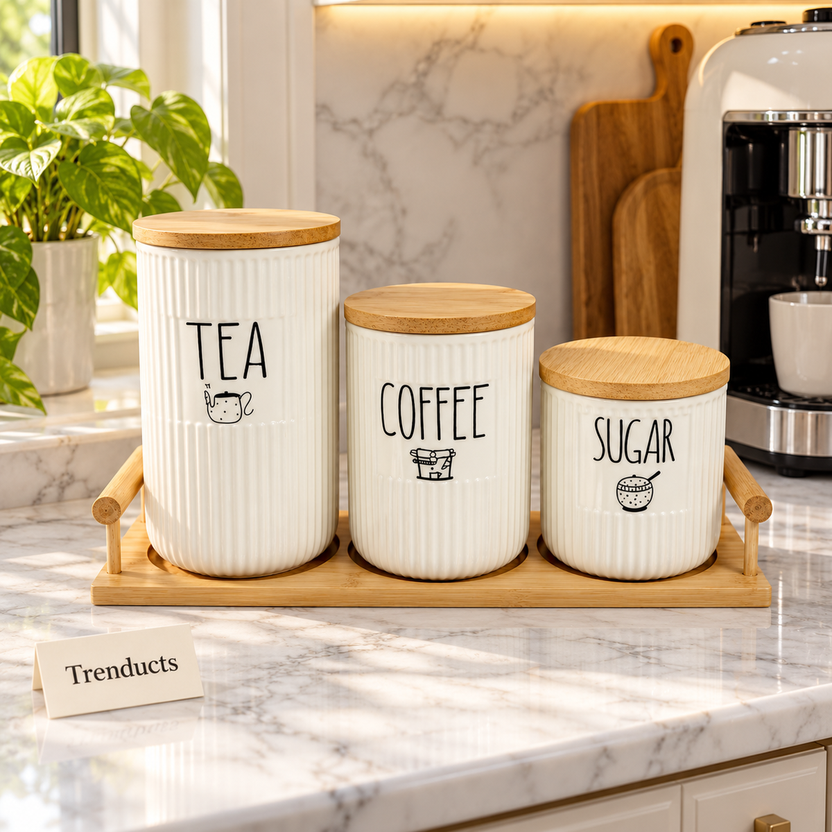 Luxury Ceramic Ribbed Tea Coffee Sugar Canisters Set - White with Tray
