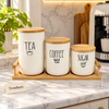 Luxury Ceramic Ribbed Tea Coffee Sugar Canisters Set - White with Tray