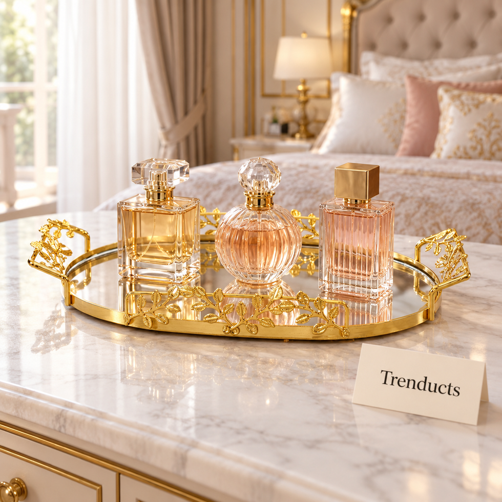 Gold Long Oval Mirrored Tray - Leaf Rails and Handles