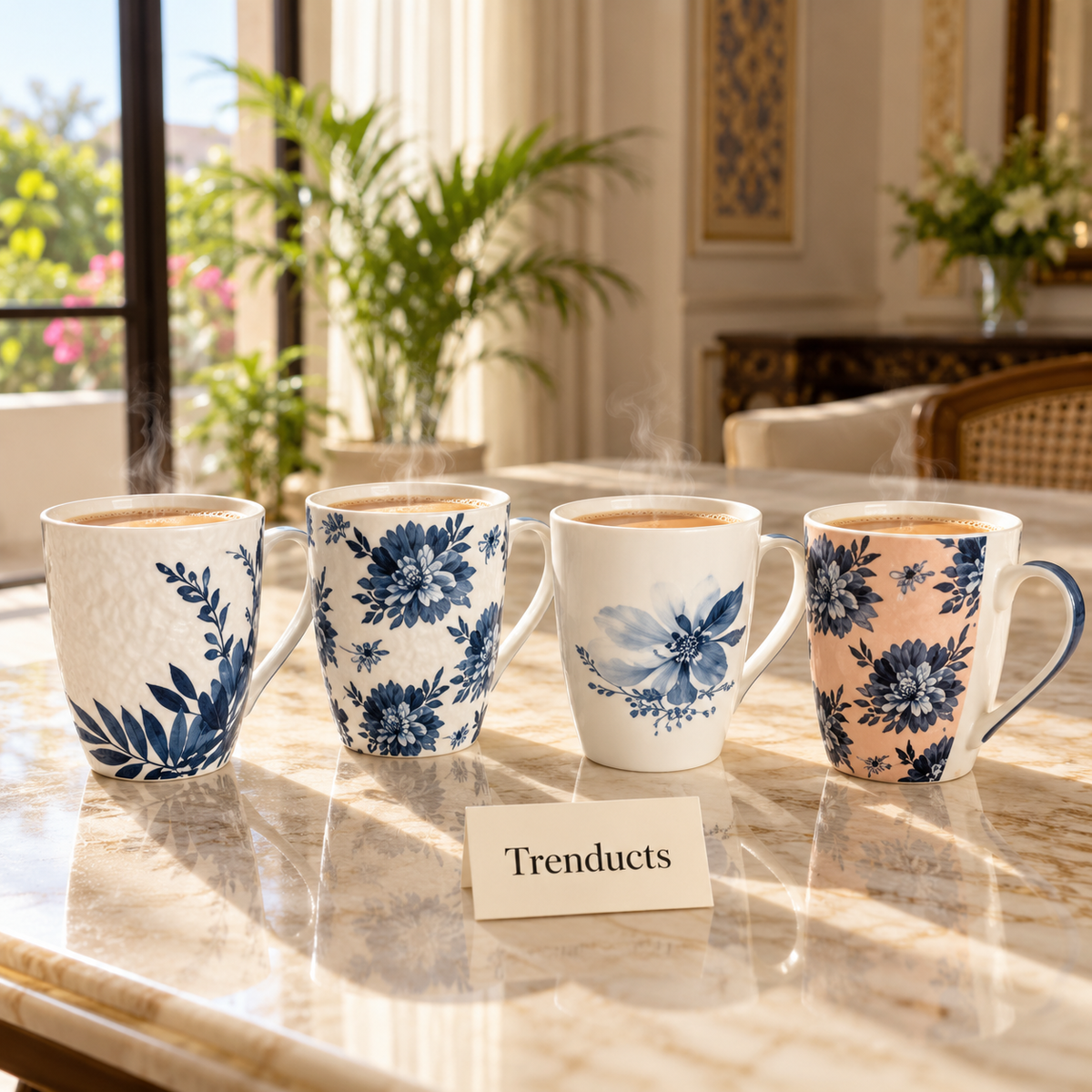 Blue Floral Mug 350 ml - White & Peach Prints (Random)