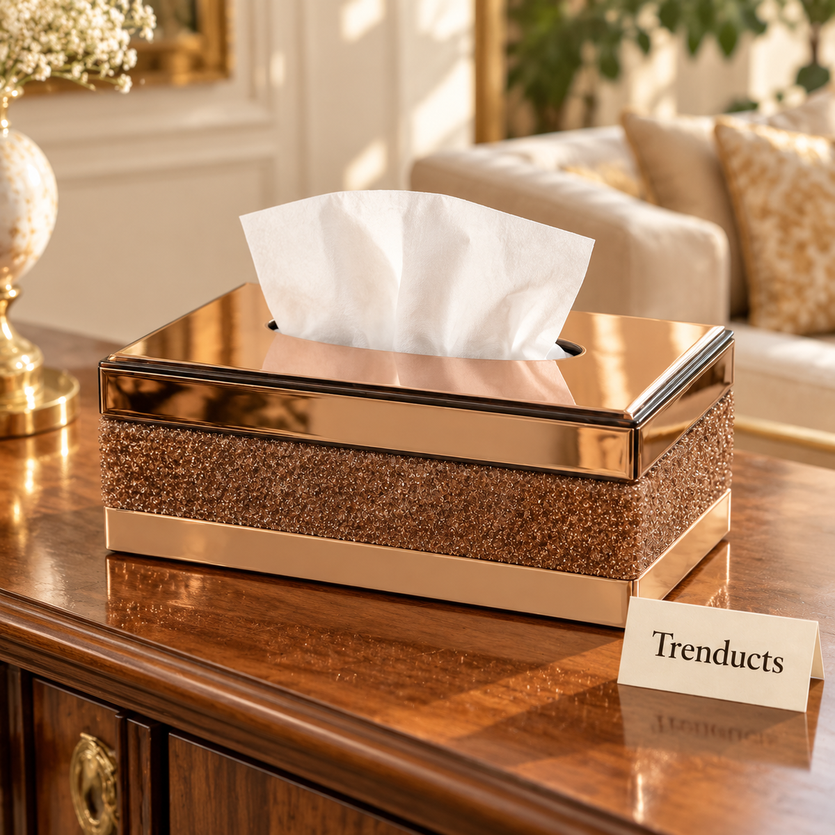 Luxury Tissue Box Cover - Brown Textured with Rose Gold Top