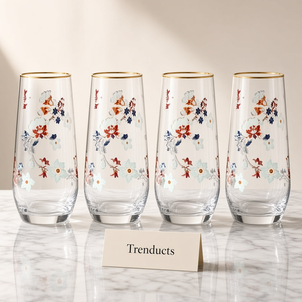 Danny Home Floral Gold Rim Highball Glass Set of 4 - 560ml