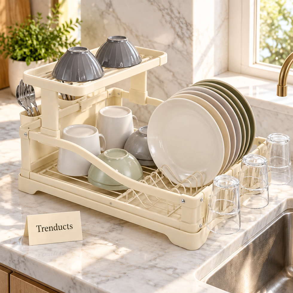 Two Tier Dish Rack - Cream with Cup and Bowl Holders