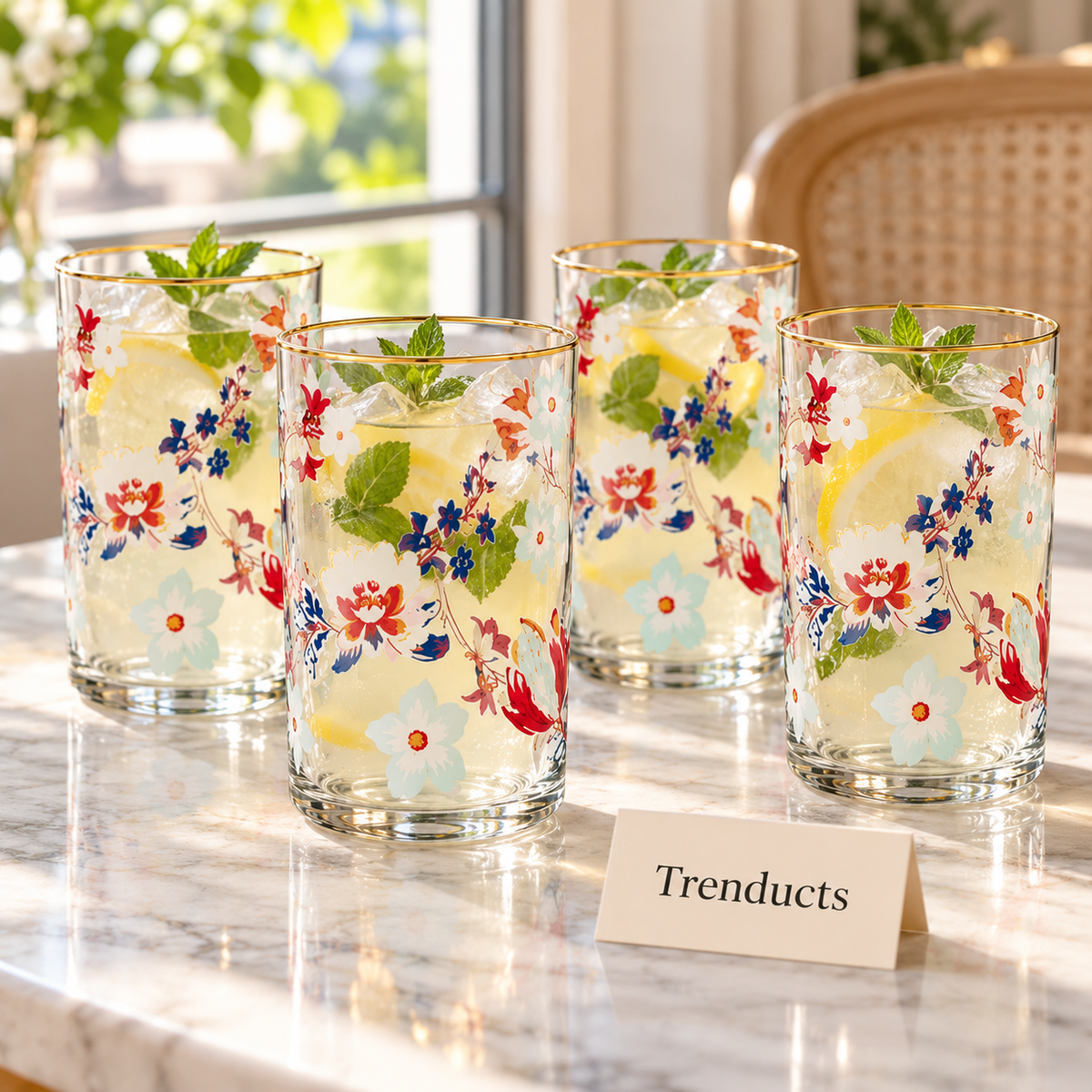 Danny Home Floral Tumbler Set - 4 Pcs 390ml Gold Rim