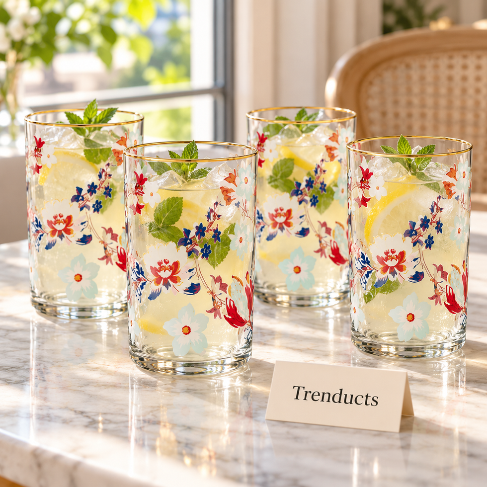 Danny Home Floral Tumbler Set - 4 Pcs 390ml Gold Rim