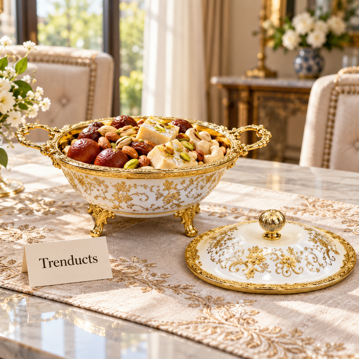 Brilliant Candy Pot with Lid - White Gold Floral
