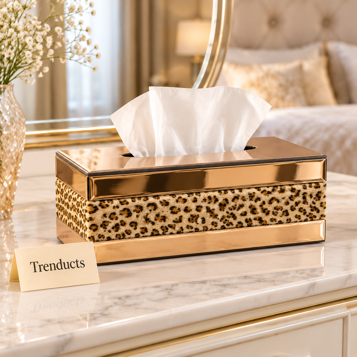 Luxury Leopard Print Tissue Box Cover - Beige with Rose Gold Top