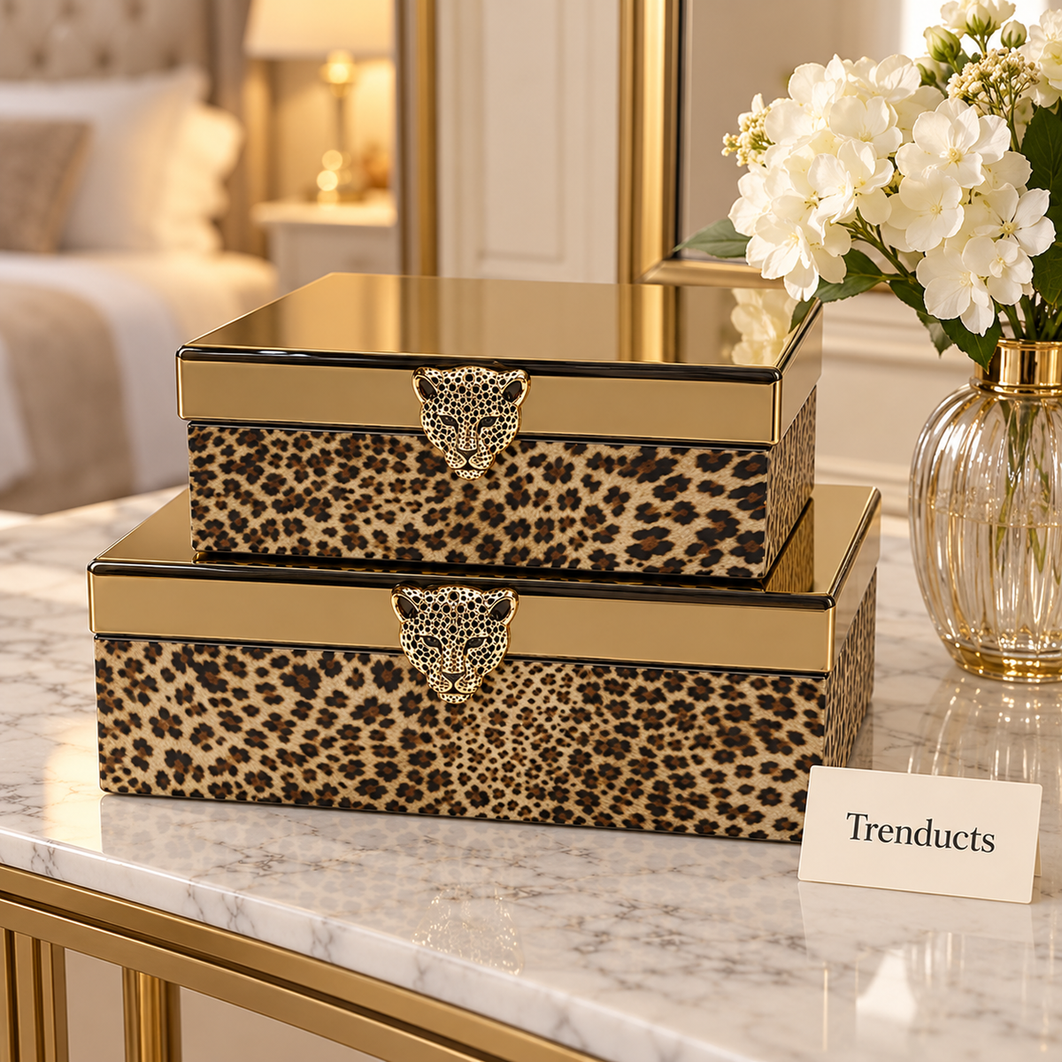 Premium Storage Box Set - Leopard Print with Gold Mirror Lids