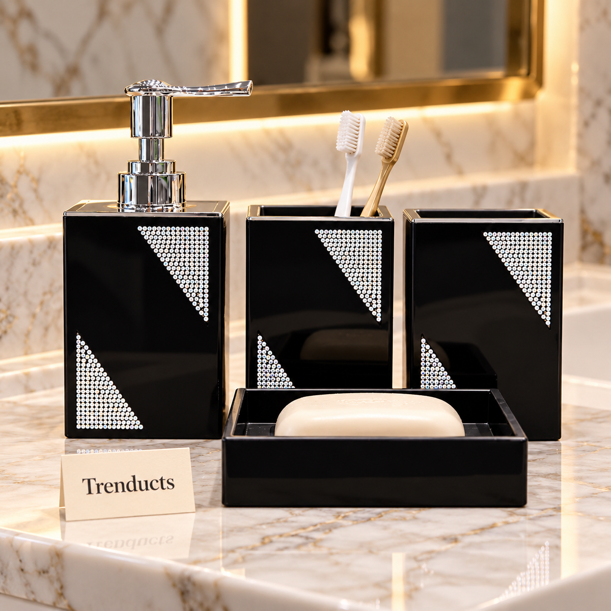 Bathroom Set - Black Glitter Soap Dispenser & Tumblers