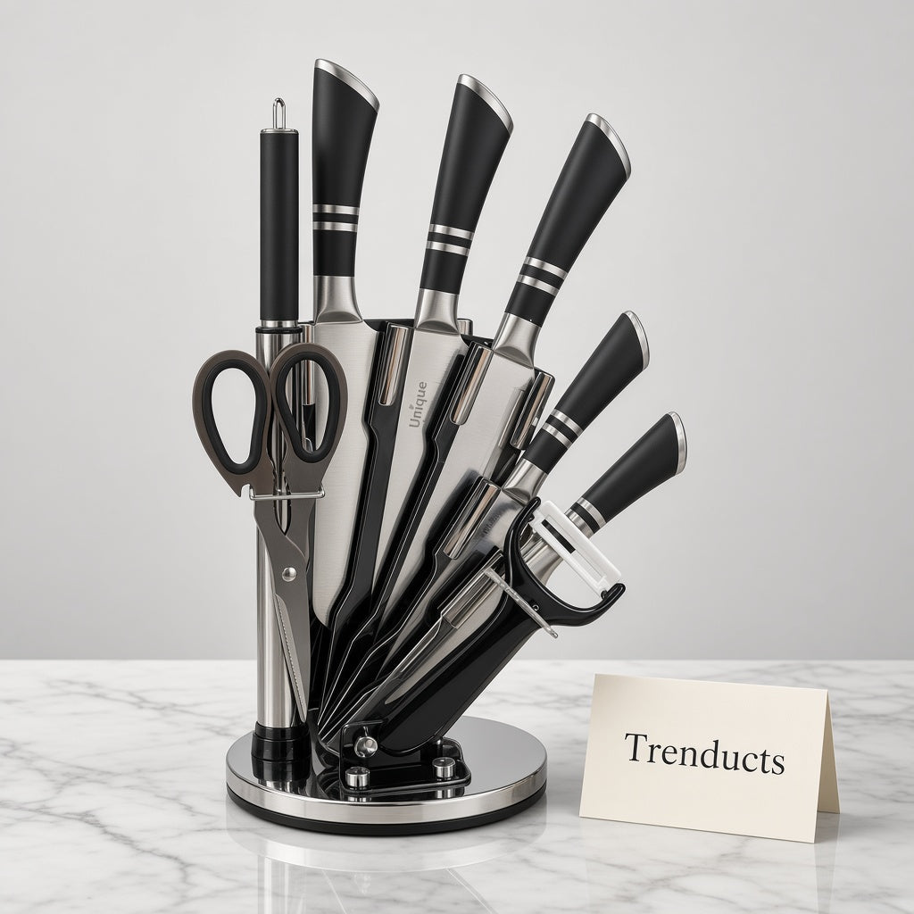 Unique Stainless Steel Knife Set with Rotating Stand