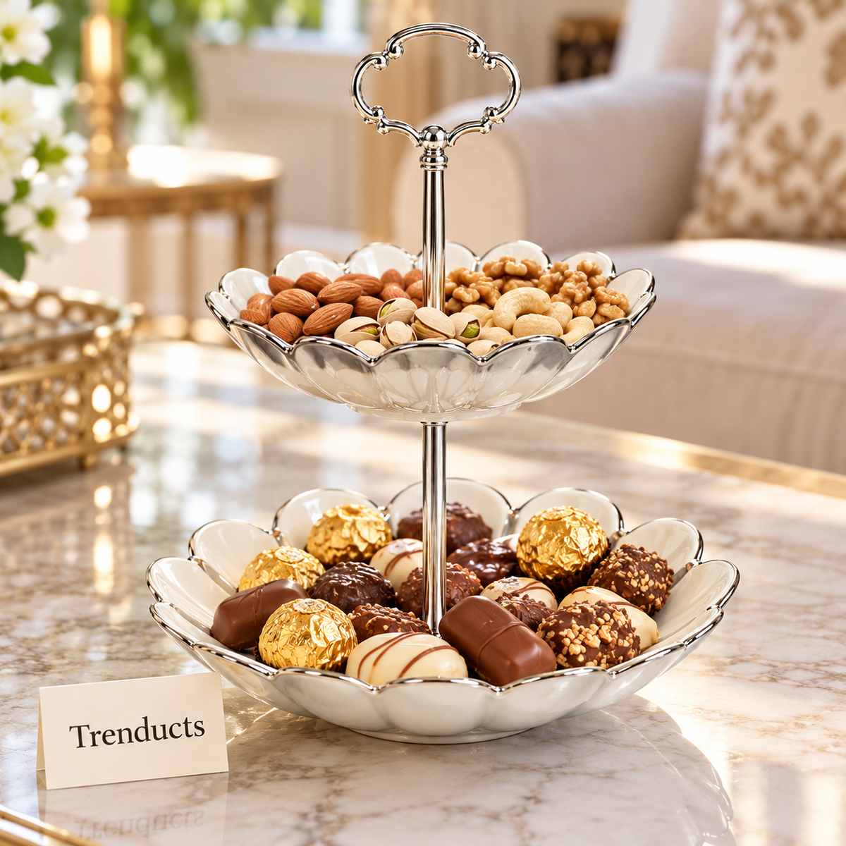 Brilliant 2 Tier Bowl Stand - White & Silver Scalloped
