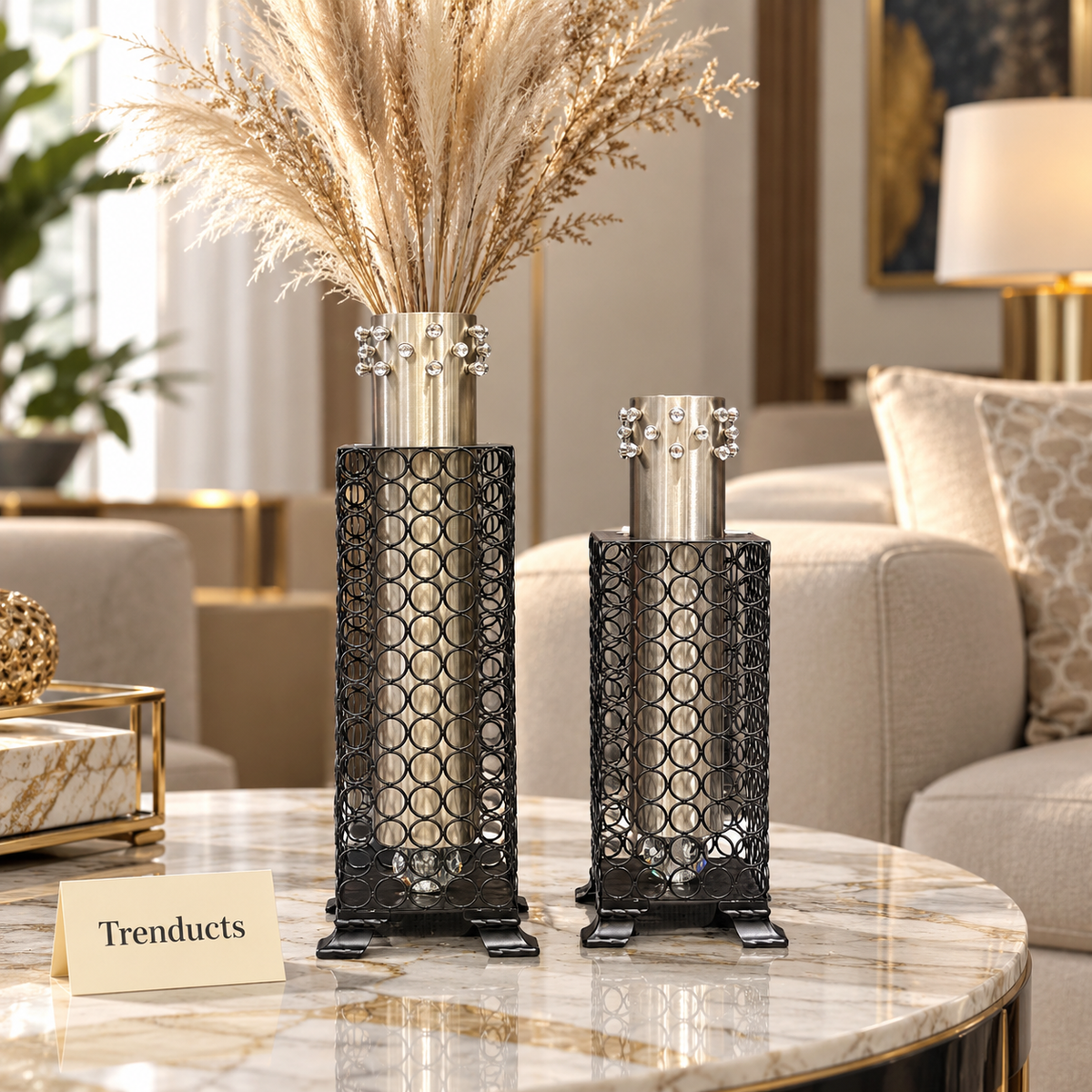 Metal Vase - Black Lattice Mesh with Silver Top