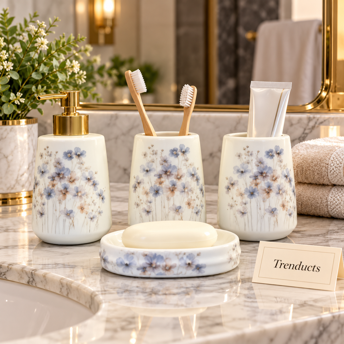 Brilliant 4-Piece Porcelain Bathroom Set - White Blue Flower