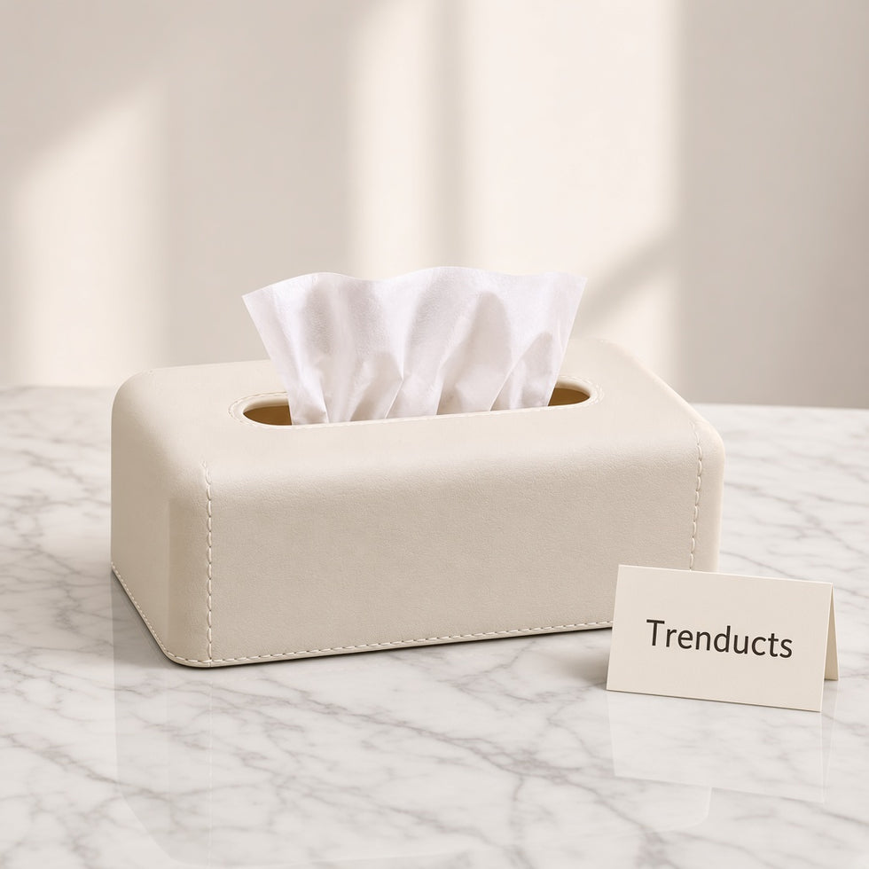 PU Leather Tissue Box Holder - Cream White with Stitching