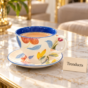 Brilliant Cup filled with hot chai on its saucer on a tea table | Trenducts