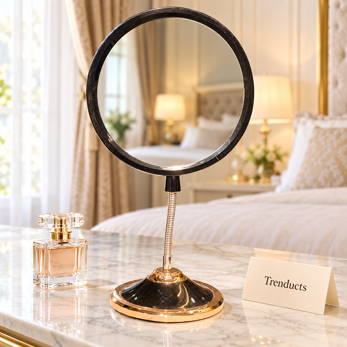 Table Mirror - Round Black Frame with Rose Gold Base