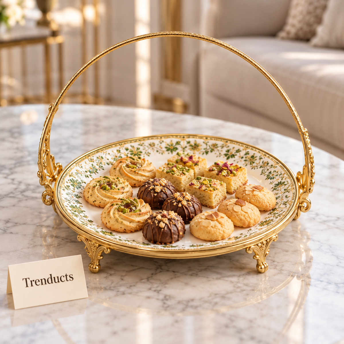 Brilliant Flat Basket Tray - Green Gold Floral Rim